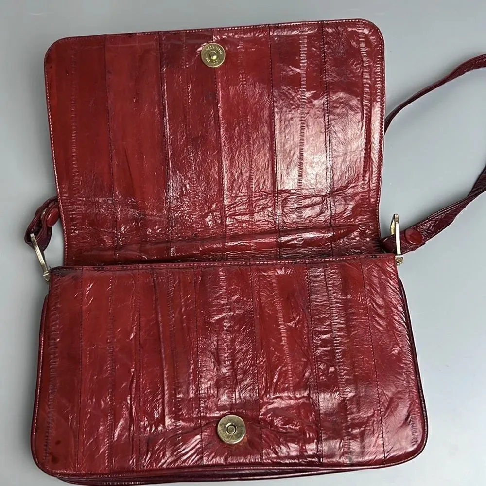 Vintage Real Eel Skin Maroon Clutch Shoulder Bag Purse
